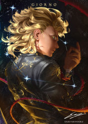 Rule 34 | 1boy, absurdres, artist name, blonde hair, character name, constellation, enzo fernandez, giorno giovanna, green eyes, highres, jojo no kimyou na bouken, looking at viewer, looking back, male focus, realistic, solo, thorns, vento aureo