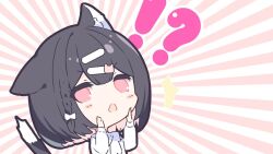 !? 1girl ^^^ animal_ear_fluff animal_ears black_hair blush_stickers braid cat_ears cat_girl cat_tail chibi commentary_request hair_ornament hairclip hands_up iku_kurumi long_sleeves mofu-mofu_after_school mofumofu_channel multicolored_hair open_mouth p19 pink_eyes pink_hair puffy_long_sleeves puffy_sleeves shirt single_braid solo sunburst sunburst_background tail two-tone_hair upper_body white_shirt