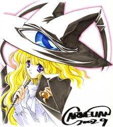 Rule 34 | 00s, 1girl, blonde hair, blouse, blue eyes, carnelian, dated, hat, holding, holding riding crop, lilith (yamibou), long hair, looking at viewer, purple eyes, riding crop, shirt, simple background, solo, white background, white shirt, witch hat, yami to boushi to hon no tabibito