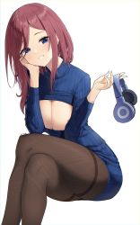 Rule 34 | 1girl, absurdres, black pantyhose, blue eyes, blue sweater, breasts, cleavage, cleavage cutout, clothing cutout, crossed legs, elbow rest, go-toubun no hanayome, head rest, headphones, highres, holding, holding headphones, large breasts, long hair, long sleeves, looking at viewer, nakano miku, pantyhose, parted lips, red hair, simple background, sitting, smile, solo, steeb, straight hair, sweater, teeth, white background