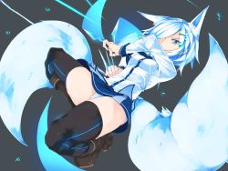 Rule 34 | 1girl, animal ears, black thighhighs, blue eyes, blue hair, boots, breasts, commentary request, fox ears, fox tail, hair ornament, hair over one eye, highres, korigitsune, looking at viewer, matching hair/eyes, miniskirt, multiple tails, original, panties, pantyshot, shards, short hair, skirt, small breasts, solo, tail, thighhighs, underwear, upskirt, white panties
