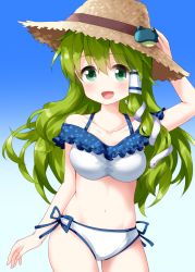 Rule 34 | 1girl, :d, arm up, bare arms, bare shoulders, bikini, blue background, blush, breasts, collarbone, commentary request, cowboy shot, frog hair ornament, gradient background, green eyes, green hair, groin, hair between eyes, hair ornament, hair tubes, hand on headwear, hat, highres, kochiya sanae, large breasts, long hair, looking at viewer, navel, off shoulder, open mouth, ruu (tksymkw), side-tie bikini bottom, sidelocks, smile, snake hair ornament, solo, standing, stomach, straw hat, sun hat, swimsuit, touhou, white bikini