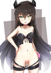 Rule 34 | 1girl, absurdres, black hair, blush, breasts, clothes pull, collarbone, condom, cum, cum in pussy, cumdrip, ever (nann2013), female focus, girls&#039; frontline, hand on own hip, highres, judge (girls&#039; frontline), korean text, long hair, looking at viewer, medium breasts, navel, pants, pants pull, pussy, sangvis ferri, solo, tearing up, very long hair, wavy mouth, yellow eyes