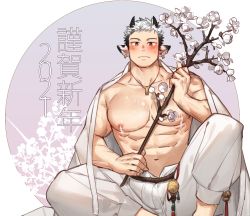 Rule 34 | 1boy, 2021, abs, absurdres, animal ears, bara, bare pectorals, black hair, blush, bulge, chinese zodiac, cow boy, cow ears, earrings, erection, erection under clothes, feet out of frame, flower, flower request, gondom, hakama, hakama pants, happy new year, highres, japanese clothes, jewelry, kimono, knee up, korean text, large pectorals, male focus, male lactation, multicolored hair, muscular, muscular male, navel, necklace, new year, nipples, open clothes, open kimono, original, pants, pectorals, short hair, solo, spread legs, stomach, two-tone hair, white flower, white hair, year of the ox