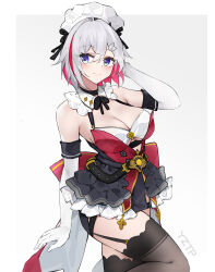 Rule 34 | 1girl, absurdres, alternate costume, bare shoulders, blue eyes, breasts, cleavage, cleavage cutout, closed mouth, clothing cutout, colored inner hair, dress, elbow gloves, frilled dress, frills, garter straps, gloves, hair ornament, highres, honkai: star rail, honkai (series), large breasts, light smile, maid headdress, multicolored hair, short hair, simple background, solo, streaked hair, thighhighs, topaz (honkai: star rail), two-tone hair, white gloves, yztp (sanmery)