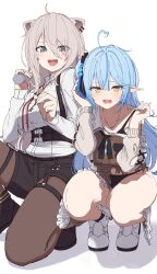 Rule 34 | 2girls, ahoge, black bra, blue hair, bra, breasts, female focus, grey eyes, grey hair, highres, hololive, jewelry, key, large breasts, long hair, looking at viewer, multiple girls, necklace, open mouth, phone, shadow, shinomu (cinomoon), shishiro botan, shoes, smile, thick thighs, thighs, torn clothes, underwear, unfinished, virtual youtuber, white background, yellow eyes, yukihana lamy
