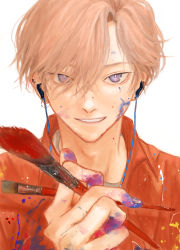 Rule 34 | 1boy, absurdres, adam&#039;s apple, earbuds, earphones, earrings, face, highres, holding, holding paintbrush, jewelry, male focus, orange eyes, original, paint, paint on body, paint on clothes, paint splatter on face, paint on fingers, paint splatter, paintbrush, parted lips, purple eyes, simple background, smile, solo, tsurime, white background, wooma