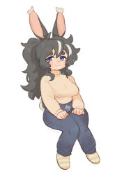 Rule 34 | 1girl, :3, absurdres, animal ears, artist name, black hair, black pants, blue eyes, blush, breasts, chibi, closed mouth, full body, highres, large breasts, looking at viewer, multicolored hair, original, pants, rabbit ears, rabbit girl, rabbit tail, sharktuna, simple background, smile, socks, solo, striped clothes, striped socks, sweater, tail, thick eyebrows, white background, white hair