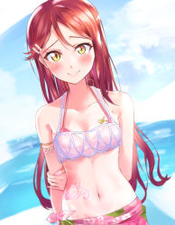 Rule 34 | 1girl, absurdres, arm behind back, armlet, bikini, blurry, blurry background, blush, breasts, cleavage, collarbone, dutch angle, floating hair, groin, hair between eyes, halterneck, highres, long hair, looking at viewer, love live!, love live! school idol festival, love live! sunshine!!, navel, ocean, red hair, sakurauchi riko, shaka (staito0515), small breasts, smile, solo, standing, swimsuit, underwear, underwear only, very long hair, yellow eyes