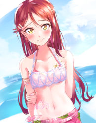 1girl absurdres arm_behind_back armlet bikini blurry blurry_background blush breasts cleavage collarbone dutch_angle female_focus floating_hair groin hair_between_eyes halterneck highres jewelry long_hair looking_at_viewer love_live! love_live!_school_idol_festival love_live!_sunshine!! navel ocean red_hair sakurauchi_riko shaka_(staito0515) small_breasts smile solo standing swimsuit underwear underwear_only very_long_hair yellow_eyes