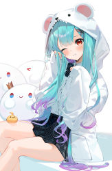 Rule 34 | 1girl, animal hood, bird on leg, black bow, black bowtie, black skirt, blue nails, blunt bangs, blush, bow, bowtie, butterfly hair ornament, collared shirt, commentary request, crying, dress shirt, fandead (uruha rushia), feet out of frame, gotou (nekocat), green hair, hair ornament, hands up, highres, hololive, hood, hood up, hooded jacket, jacket, legs, long hair, long sleeves, looking at viewer, multicolored hair, nail polish, official alternate costume, one eye closed, open clothes, open jacket, parted lips, piyoko (uruha rushia), plaid, plaid bow, plaid bowtie, plaid skirt, purple hair, red eyes, shirt, signature, sitting, skirt, sleeves past wrists, solo, streaked hair, thighs, uruha rushia, uruha rushia (school uniform), very long hair, virtual youtuber, white jacket, white shirt