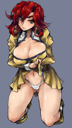 Rule 34 | 1990s (style), 1girl, agent aika, aika (series), bianca (agent aika), black eyes, blue background, breasts, cleavage, cleavage cutout, clothes lift, clothing cutout, delmo, earrings, full body, golden delmo, jewelry, kneeling, large breasts, lifting own clothes, navel, open clothes, panties, pleated skirt, red hair, retro artstyle, skirt, skirt lift, skj, socks, solo, thighs, underwear, upskirt