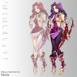 Rule 34 | 1980s (style), 1girl, armlet, bare shoulders, boots, bow (weapon), breasts, cleavage, crystal, female focus, final fantasy, final fantasy ii, full body, gradient background, kynokoru, long hair, maria (ff2), oldschool, pantyhose, purple hair, red eyes, retro artstyle, solo, weapon