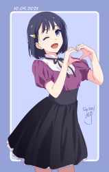 Rule 34 | 1girl, :d, black ribbon, black skirt, blue eyes, blue hair, collared shirt, dated, hair ornament, hairclip, hands up, heart, heart hands, highres, looking at viewer, neck ribbon, nii manabu, one eye closed, open mouth, original, purple shirt, ribbon, shirt, short hair, short sleeves, signature, simple background, skirt, smile, solo, standing
