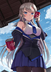 Rule 34 | 1girl, ahoge, black pantyhose, blue eyes, blue necktie, blue skirt, blush, breasts, can, drink can, headgear, kantai collection, large breasts, long hair, long sleeves, looking at viewer, mayura (lucadia), necktie, outdoors, pantyhose, pleated skirt, shirt, skirt, sleeveless, sleeveless shirt, soda can, solo, sweat, washington (kancolle), white hair, white shirt