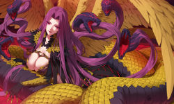 Rule 34 | 1girl, breasts, bustier, claws, cleavage, cleavage cutout, clothing cutout, eyes visible through hair, fate/grand order, fate (series), from above, gorgon (fate), hair intakes, highres, large breasts, long hair, looking at viewer, medusa (fate), medusa (rider) (fate), monster girl, parted bangs, purple hair, rider, scales, slit pupils, snake, very long hair, wings, yd (orange maru)