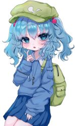 Rule 34 | 1girl, backpack, bag, blue eyes, blue hair, blue skirt, blue sweater, fang, feet out of frame, flat cap, green bag, green hat, hair bobbles, hair ornament, hat, index finger raised, kawashiro nitori, key, long sleeves, looking at viewer, medium hair, open mouth, pleated skirt, puffy sleeves, renakobonb, simple background, skirt, solo, sweater, touhou, twitter username, two side up, white background, zipper