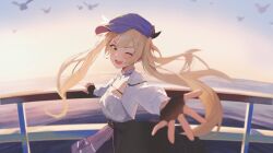 Rule 34 | 1girl, bird, blonde hair, blush, commentary, dawn, dokibird (vtuber), dress, english commentary, film grain, fingerless gloves, fireraccoon, foreshortening, from side, gloves, green eyes, hair between eyes, hand on railing, highres, indie virtual youtuber, long hair, looking at viewer, ocean, one eye closed, open mouth, reaching, reaching towards viewer, ship, sky, smile, solo, teeth, upper body, upper teeth only, virtual youtuber, watercraft