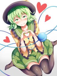 Rule 34 | 1girl, black hat, black thighhighs, blush, bow, breasts, buttons, collar, commentary, diamond button, frilled collar, frilled sleeves, frills, from above, full body, green eyes, green hair, green sailor collar, green skirt, grin, hair between eyes, hands up, hat, hat bow, heart, heart hands, heart of string, highres, komeiji koishi, long sleeves, looking at viewer, medium breasts, medium hair, miniskirt, nagomian, no shoes, sailor collar, shirt, simple background, sitting, skirt, smile, smug, solo, thighhighs, thighs, third eye, touhou, upturned eyes, wariza, wavy hair, white background, wide sleeves, yellow bow, yellow shirt, zettai ryouiki