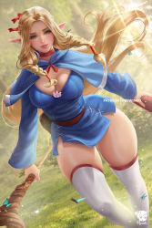 Rule 34 | 1girl, adapted costume, alternate breast size, blonde hair, blue capelet, blue dress, braid, breasts, bug, butterfly, capelet, choker, cleavage, commentary, crown braid, day, dress, dungeon meshi, elf, english commentary, forest, green eyes, hair ribbon, highres, holding, holding staff, insect, large breasts, long hair, looking at viewer, low-braided long hair, low-tied long hair, marcille donato, nature, outdoors, parted hair, plunging neckline, pointy ears, prywinko, red choker, red ribbon, ribbon, short dress, side braids, skindentation, solo, staff, thick eyebrows, thick thighs, thighhighs, thighs, twin braids, very long hair, white thighhighs, wide hips, zettai ryouiki