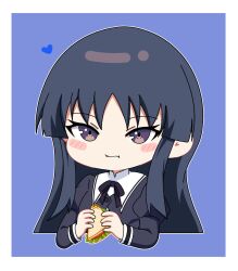 Rule 34 | 1girl, :t, assault lily, black hair, black ribbon, blue background, blush, border, buttons, chibi, closed mouth, commentary, cropped jacket, cropped torso, eating, food, hands up, heart, highres, holding, holding food, juliet sleeves, long hair, long sleeves, looking at viewer, neck ribbon, outline, puffy sleeves, purple eyes, ribbon, sandwich, school uniform, shirai yuyu, sidelocks, simple background, solo, symbol-only commentary, upper body, white border, white outline, yui (yui1115 ), yurigaoka girls academy school uniform