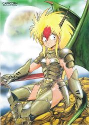 1980s_(style) 1girl armor armored_boots blonde_hair boots capricorn_(ova) copyright_name dragon_girl dragon_horns dragon_tail dragon_wings earrings gauntlets horns jewelry long_hair manabe_jouji mona_(capricorn) multicolored_hair official_art retro_artstyle pauldrons red_hair retro_artstyle shoulder_armor sitting solo tail two-tone_hair wings