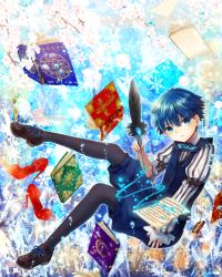 Rule 34 | 10s, 1boy, black legwear, blue eyes, blue hair, book, bow, bowtie, cherry blossoms, fate/extra, fate/extra ccc, fate (series), floating, hans christian andersen (fate), high heels, highres, ice, long sleeves, looking at viewer, male focus, matching hair/eyes, quill, short hair, shorts, snowflakes, solo, sora (yukimi shiro), sparkle, vest