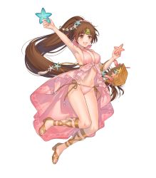 Rule 34 | 1girl, armpits, basket, bikini, blush, breasts, brown eyes, brown hair, cleavage, feet, female focus, fire emblem, fire emblem: mystery of the emblem, fire emblem heroes, front-tie bikini top, front-tie top, full body, highres, holding, holding basket, kippu, linde (fire emblem), long hair, matching hair/eyes, medium breasts, navel, nintendo, official art, open mouth, pink bikini, sandals, side-tie bikini bottom, smile, solo, starfish, swimsuit, toes, transparent background, very long hair