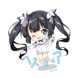 Rule 34 | 10s, 1girl, ;d, black hair, blue eyes, breasts, chibi, cleavage, dress, dungeon ni deai wo motomeru no wa machigatteiru darou ka, gloves, hair ornament, hestia (danmachi), long hair, looking at viewer, mocha (naturefour), one eye closed, open mouth, rei no himo, simple background, smile, solo, translation request, twintails, very long hair, white background, white dress, white gloves
