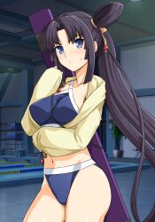 Rule 34 | 1girl, bare shoulders, between breasts, bikini, black hair, blue bikini, blue eyes, breasts, closed mouth, collarbone, commentary, contrapposto, fate/grand order, fate (series), forehead, hair bun, hair ornament, haruhisky, highres, indoors, light blush, long hair, looking at viewer, medium breasts, navel, official alternate costume, parted bangs, plant, pool, potted plant, side ponytail, single hair bun, sleeves past wrists, solo, standing, sweatdrop, swimsuit, ushiwakamaru (fate), ushiwakamaru (fate/grand order), ushiwakamaru (swimsuit assassin) (fate), ushiwakamaru (swimsuit assassin) (first ascension) (fate), v-shaped eyebrows, very long hair, weapon, weapon on back