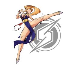 Rule 34 | 1girl, alternate costume, blonde hair, blue dress, blue eyes, bracelet, breasts, capcom, china dress, chinese clothes, chun-li, chun-li (cosplay), cleavage, commentary request, cosplay, demx hax, dress, emblem, fighting stance, high kick, jewelry, kicking, long hair, metroid, nintendo, pelvic curtain, ponytail, samus aran, sash, sleeveless, sleeveless dress, solo, spiked bracelet, spikes, street fighter, street fighter v, super smash bros., thick thighs, thighs, toned, twitter, white background