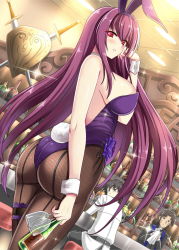 Rule 34 | 1girl, 2boys, alcohol, animal ears, ass, bar (place), bare shoulders, black hair, bottle, breasts, chaldea uniform, cup, drinking glass, fake animal ears, fate/grand order, fate (series), fishnet pantyhose, fishnets, flower, from behind, fujimaru ritsuka (male), hellandheaven, highleg, highleg leotard, highres, hip focus, huge breasts, kotomine kirei, bridal garter, leotard, long hair, looking at viewer, looking back, multiple boys, official alternate costume, open mouth, pantyhose, playboy bunny, purple hair, purple leotard, rabbit ears, rabbit tail, red eyes, scathach (fate), scathach (piercing bunny) (fate), shield, standing, strapless, strapless leotard, sword, tail, thighs, weapon, wine, wine bottle, wine glass, wrist cuffs