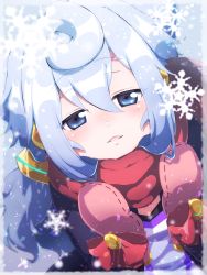 Rule 34 | 10s, 1boy, blue eyes, blue hair, blush, frost, gloves, hacka doll, hacka doll 3, hair between eyes, half-closed eyes, highres, long hair, looking at viewer, male focus, matching hair/eyes, mittens, nami (snow), open mouth, outdoors, pink gloves, pink mittens, red scarf, ribbon, scarf, smile, snowflakes, snowing, solo, trap