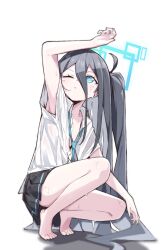 Rule 34 | 1girl, absurdly long hair, absurdres, aris (blue archive), armpits, barefoot, black hair, black skirt, blue archive, blue eyes, blue halo, closed mouth, collarbone, commentary request, flat chest, hair between eyes, halo, highres, long hair, looking up, mmhomm, necktie, one eye closed, shirt, side ponytail, simple background, skirt, solo, squatting, toes, very long hair, wet, wet clothes, wet shirt, wet skirt, white background, white shirt