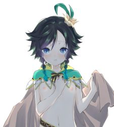Rule 34 | 1boy, androgynous, black hair, blue eyes, blue hair, bow, braid, cape, collared cape, flower, genshin impact, gradient hair, hair flower, hair ornament, highres, holding, holding cape, holding clothes, leaf, looking at viewer, male focus, midriff, multicolored hair, naked cape, navel, nipples, open mouth, short hair with long locks, simple background, solo, tatsu (all666dead), twin braids, venti (genshin impact), white background, white flower