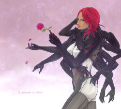 Rule 34 | 1girl, bad id, bad pixiv id, blue eyes, bodysuit, breasts, cyborg, dark skin, dark-skinned female, extra arms, flare (shin-s), flower, french text, long hair, metal gear (series), metal gear rising: revengeance, mistral (metal gear rising), nose, petals, red hair, rose, solo
