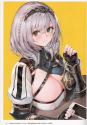 Rule 34 | 1girl, absurdres, arm guards, armor, blush, braid, breasts, cellphone, cleavage, closed mouth, fingerless gloves, gloves, green eyes, highres, hololive, large breasts, looking at viewer, mole, mole on breast, page number, phone, puffy sleeves, scan, shirogane noel, shirogane noel (1st costume), short hair, simple background, smile, solo, table, upper body, virtual youtuber, watao, white hair, yellow background