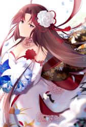 Rule 34 | 1girl, ahoge, black eyes, black hair, bouquet, breasts, dress, fate/grand order, fate (series), flower, hair flower, hair ornament, highres, holding, holding bouquet, holding flower, japanese clothes, kara no kyoukai, kimono, kwhr a, long hair, looking at viewer, petals, ryougi shiki, ryougi shiki (third ascension), simple background, smile, solo, white background