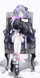 Rule 34 | 1girl, bare shoulders, black choker, black footwear, black jacket, black ribbon, blunt bangs, camisole, choker, collarbone, dress, ghost print, hair ornament, hair ribbon, highres, holding, holding stuffed toy, jacket, legs together, looking at viewer, mary janes, off shoulder, on chair, parted lips, pink ribbon, platform footwear, purple hair, ribbon, shadow, shinomiya runa, shoes, short hair, sidelocks, sitting, sleeves past fingers, sleeves past wrists, socks, solo, stuffed toy, suimin (sui 0y0), thigh strap, virtual youtuber, vspo!, white background, white camisole, white dress, white socks, x hair ornament, yellow eyes