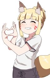 Rule 34 | 1girl, ^ ^, animal ear fluff, animal ears, blonde hair, blush, brown hair, closed eyes, collarbone, commentary request, facial mark, facing viewer, fox ears, fox girl, fox tail, grin, hands up, heart, heart hands, highres, kono tsukuha, kuro kosyou, multicolored hair, original, ponytail, shirt, short sleeves, sidelocks, simple background, smile, solo, tail, two-tone hair, white background, white shirt