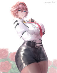 Rule 34 | 1girl, absurdres, arm under breasts, black choker, blue eyes, bob cut, breast zipper, breasts, brown pantyhose, choker, curvy, fingerless gloves, floral background, gloves, hair between eyes, hair wings, hairband, high-waist shorts, highres, hololive, large breasts, long sleeves, midnight (midnightstream3), necktie, pantyhose, pantyhose under shorts, pink hair, pink necktie, puffy long sleeves, puffy sleeves, rose background, short hair, shorts, solo, takane lui, takane lui (1st costume), taut clothes, thick thighs, thighs, virtual youtuber, wide hips