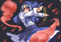 Rule 34 | 1girl, blue hair, bracelet, clenched hand, clenched hands, hood, jewelry, kumoi ichirin, magukappu, no nose, outstretched arms, red eyes, ring, solo, spread arms, touhou, unzan