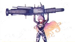 1girl absurdres arms_up black_bodysuit bodysuit breasts brown_eyes closed_mouth commentary cowboy_shot gradient_hair highres hijiri_byakuren holding large_breasts len_3732 lifting_vehicle long_hair long_sleeves looking_ahead motor_vehicle motorcycle multicolored_hair neckerchief official_alternate_costume red_neckerchief simple_background solo standing touhou very_long_hair white_background