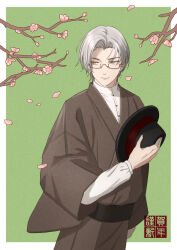Rule 34 | 1boy, absurdres, bel 3001, black hat, branch, brown eyes, brown kimono, closed mouth, commentary request, flower, forehead, glasses, green background, grey hair, hat, highres, holding, holding clothes, holding hat, japanese clothes, kimono, long sleeves, male focus, parted bangs, petals, pink flower, puffy long sleeves, puffy sleeves, shirt, smile, solo, tears of themis, two-tone background, unworn hat, unworn headwear, vyn richter (tears of themis), white background, white shirt, wide sleeves