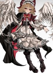 Rule 34 | 1girl, absurdres, alternate eye color, black footwear, black pantyhose, blonde hair, blush, boots, bow, closed mouth, dress, feathered wings, full body, gengetsu (touhou), hair bow, headdress, highres, knee boots, long sleeves, ougiikun, pantyhose, red bow, red eyes, short hair, simple background, smile, solo, touhou, touhou (pc-98), white background, white dress, white wings, wings