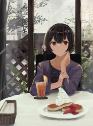 Rule 34 | 1girl, :&lt;, basket, bendy straw, black hair, black shirt, blue sky, blush, brown eyes, cat, closed mouth, collarbone, commentary request, cup, day, doran (dorannomai), drink, drinking glass, drinking straw, food, fruit, hair between eyes, hand up, highres, idolmaster, idolmaster shiny colors, indoors, jacket, looking at viewer, morino rinze, open clothes, open jacket, pancake, pov across table, purple jacket, shirt, sky, solo, strawberry, table, whipped cream, window