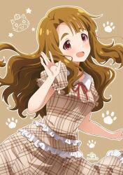 Rule 34 | 1girl, blush, breasts, brown background, brown dress, brown eyes, brown hair, dot nose, dress, footprints, frilled dress, frills, goma konbu, hand up, highres, idolmaster, idolmaster million live!, idolmaster million live! theater days, long hair, looking at viewer, medium breasts, miyao miya, neck ribbon, open hand, open mouth, plaid, plaid dress, puffy short sleeves, puffy sleeves, red ribbon, ribbon, short sleeves, signature, smile, solo, star (symbol), thick eyebrows
