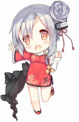 Rule 34 | 1girl, :d, asymmetrical sleeves, black bow, blush, bow, breasts, chibi, china dress, chinese clothes, clenched hand, dress, eyebrows, fang, floral print, fur trim, grey hair, hair bun, hair ornament, leg up, long sleeves, looking at viewer, navel, open mouth, orange eyes, ping hai (warship girls r), red dress, red footwear, shoes, single hair bun, smile, solo, standing, standing on one leg, tengxiang lingnai, uneven sleeves, warship girls r, white background, wide sleeves