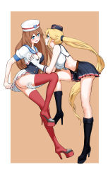 Rule 34 | 2girls, belt, black footwear, blonde hair, blue eyes, blue hat, blue skirt, boots, breasts, brown hair, buttons, cleavage, cleavage cutout, closed mouth, clothing cutout, cropped jacket, full body, gloves, grabbing, grabbing another&#039;s breast, hand on another&#039;s chest, hand on another&#039;s thigh, hat, high heel boots, high heels, highres, hornet (warship girls r), jacket, jiaoshouwen, knee boots, long hair, looking at another, midriff, multiple girls, northampton (warship girls r), open mouth, outside border, platform clogs, platform footwear, platform heels, pleated skirt, ponytail, red footwear, red legwear, sailor collar, shoes, short sleeves, simple background, skirt, skirt tug, thighhighs, warship girls r, white gloves, white hat, white jacket, white skirt, yuri