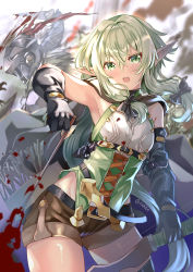 Rule 34 | 10s, 1boy, 1girl, arm up, armor, armpits, arrow (projectile), artist name, asymmetrical gloves, black bow, black gloves, blood, blush, bow, bow (weapon), cape, dagger, elbow gloves, elf, full armor, gloves, goblin, goblin slayer, goblin slayer!, green eyes, green hair, hair between eyes, hair bow, helmet, high elf archer (goblin slayer!), holding, holding bow (weapon), holding weapon, knife, long hair, looking at viewer, mismatched gloves, navel, open mouth, pointy ears, quiver, sheath, sheathed, shorts, sidelocks, sleeveless, sword, teeth, uneven gloves, upper teeth only, weapon, xephonia